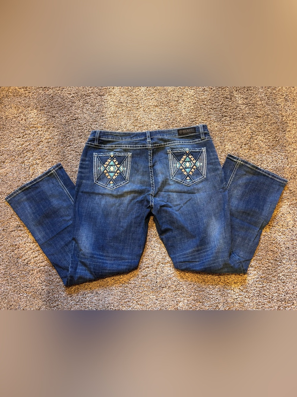 Rock and Roll Denim Embroidered Back-Pocket Boot Cut Jeans in Dark Blue